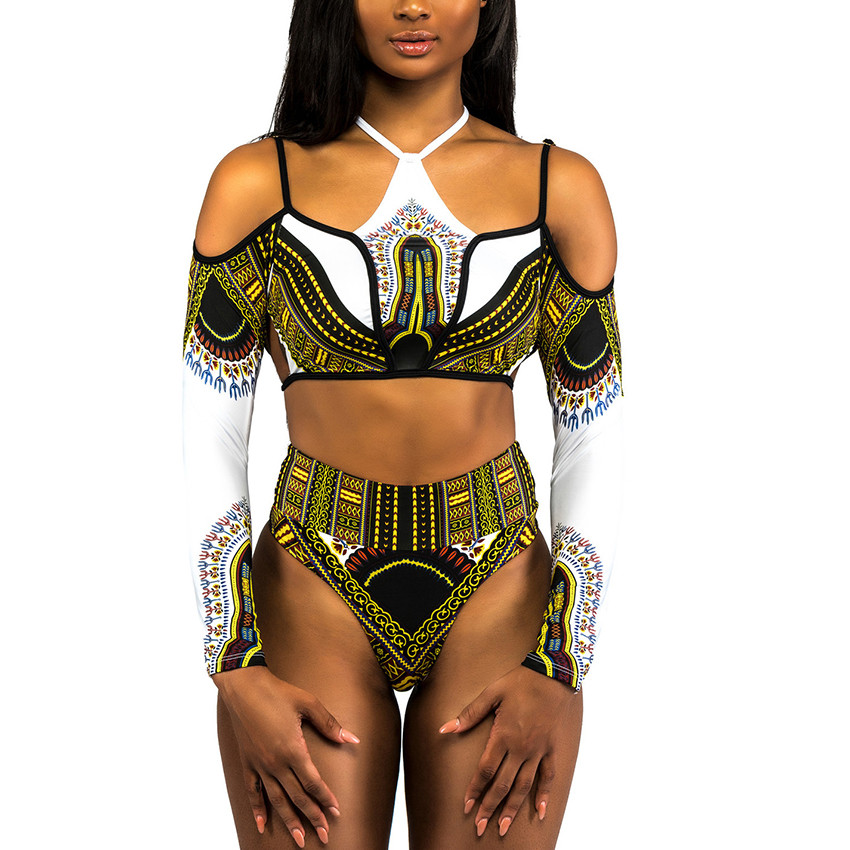 African Print High Waist Bikini Women Swimsuit Long Sleeve Swimwear Female Off Shoulder Two pieces