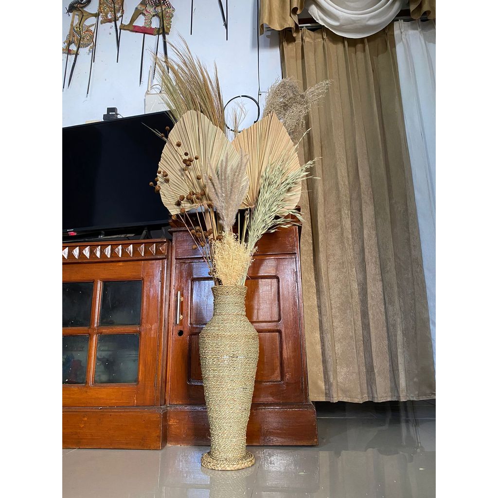 Paket Bunga Kering dan Pot Guci Tinggi 50cm/Paket Dekorasi Rustic/Daun Palem Kering/Dried Palm/Pampa