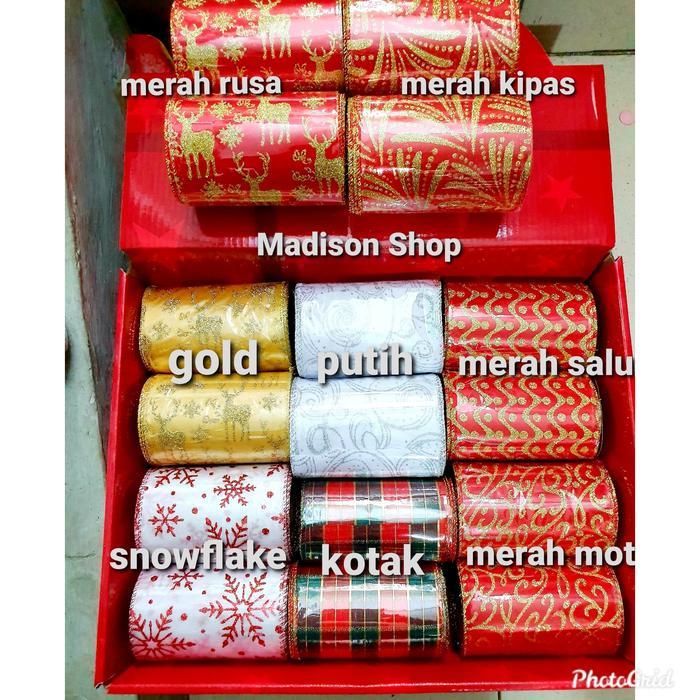 Pita Natal Kawat 10 Cm Pita Kain Ornamen Merry Christmas Murah Grosir