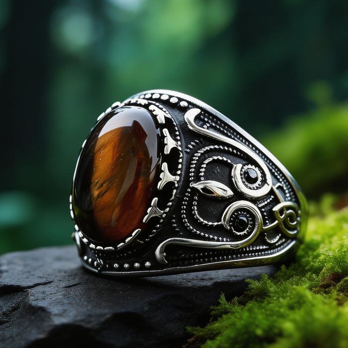 TERLARIS Cincin Batu Mata Harimau Alami Pria Mewah Cincin Berlian Imitasi Hitam Pria Batu Pola Totem