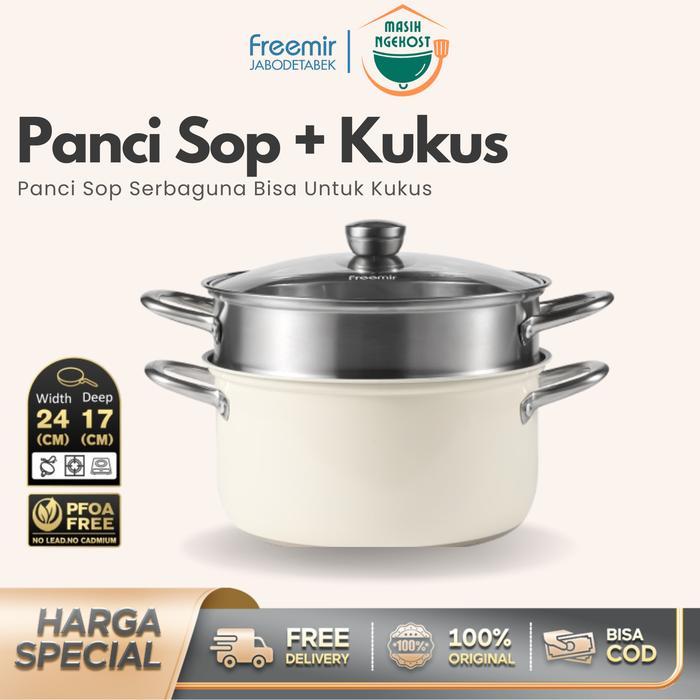 Kualitas Terbaik [Masihngekost] Freemir Panci Sop + Kukus 2 Tingkat 24 Cm Beige Panci Kukusan