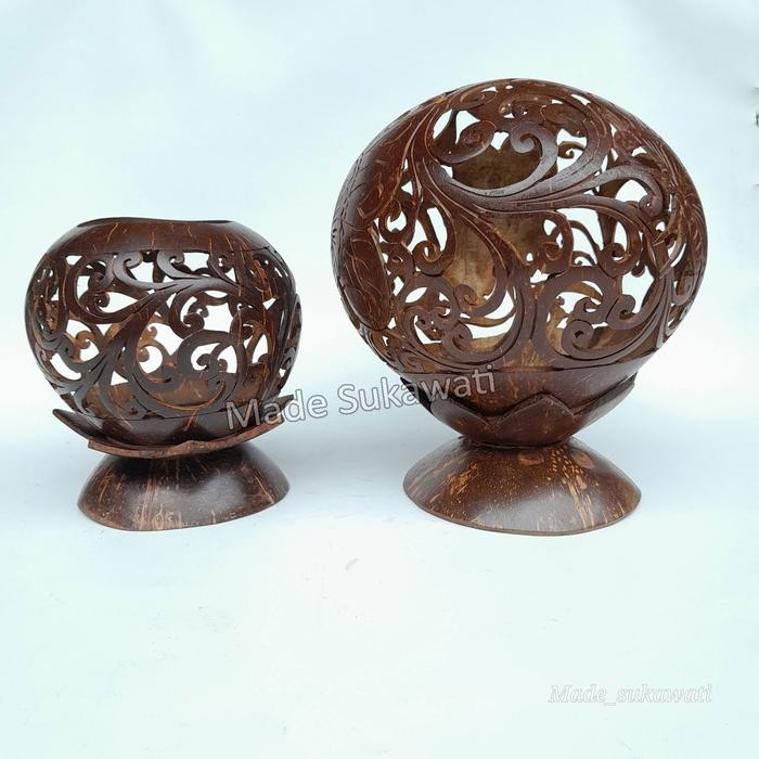 Kualitas terbaik] Kerajinan Hiasan Batok kelapa ukir wadah tempat lampu lilin handmade dekorasi bali