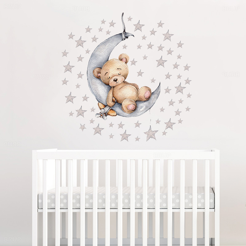 Cartoon Teddy Bear Sleeping on the Moon and Stars Wall Stickers for Kids Room Baby Room Decoration W