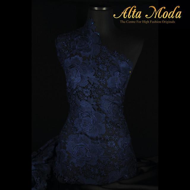 TERMURAH Alta Moda Brokat Mawar Besar 3D Renda Biru Dongker