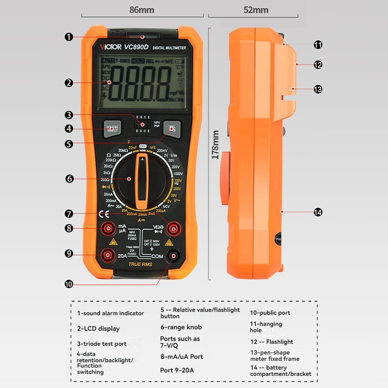 VICTOR VC890D VC890C+ Professional Digital Multimeter True RMS Multimeter 20mF Capacitor 20A