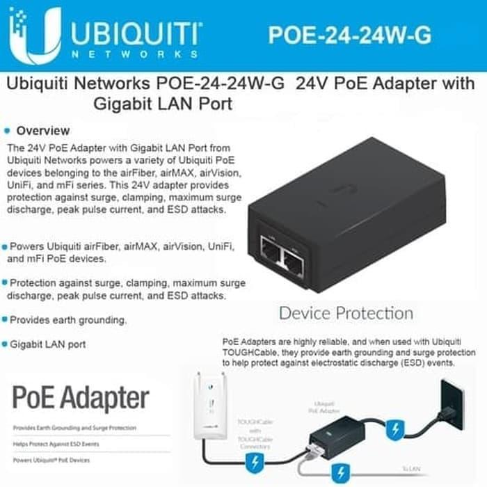 Ubiquiti Adaptor Poe 24V-1A - Poe-24-24W-G Gigabit Lan Port