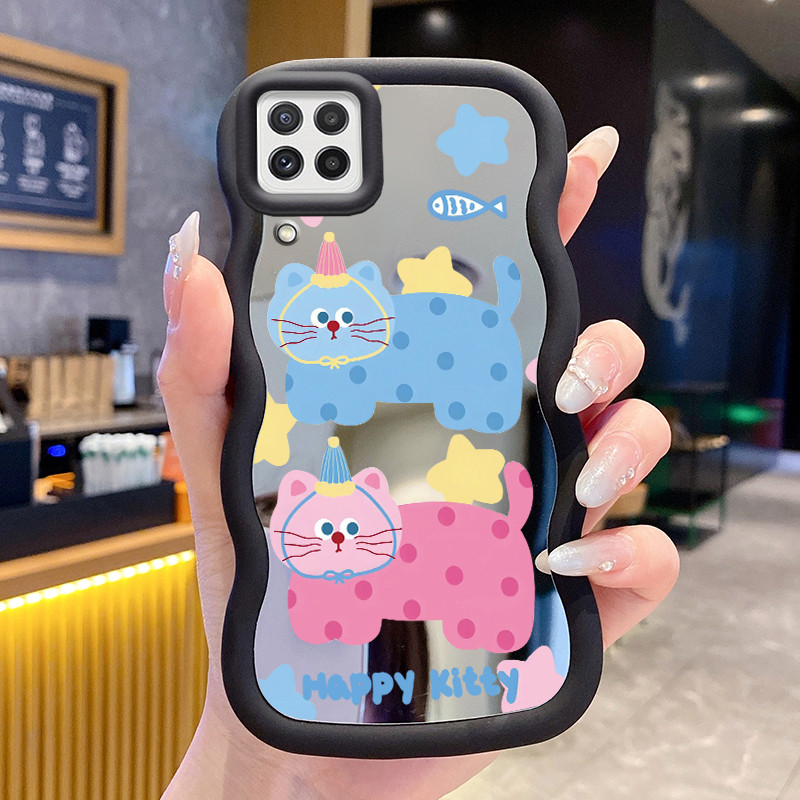 Casing Untuk Samsung A22 M22 M32 Case Casing HP Pola Kucing Merah Biru Kesing Cesing Macaron Mirror 