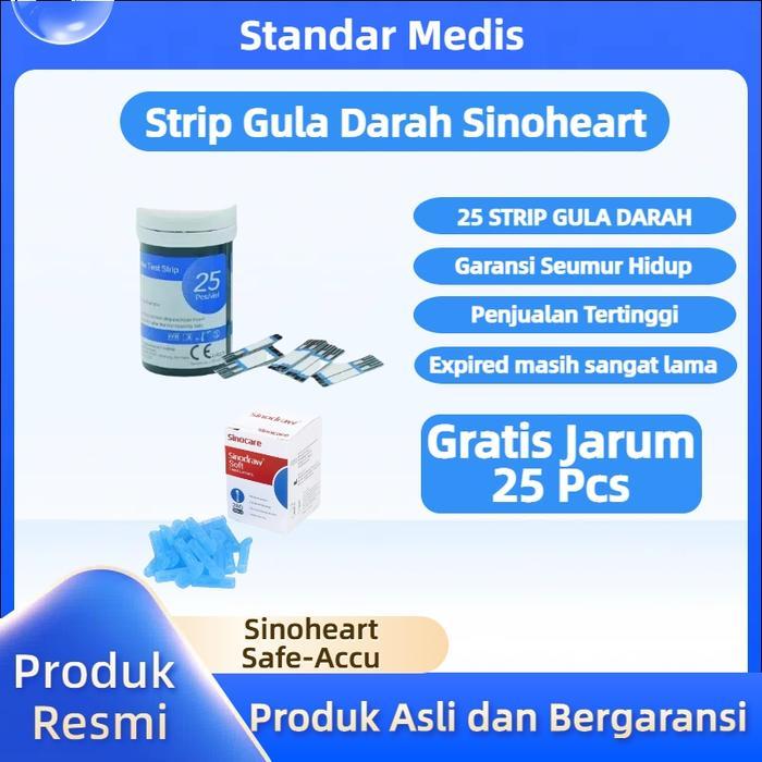 Sinocare/Sinoheart Safe Accu Strip Uji Gula Darah (25 Strip) Strip Uji Gula Darah Bonus Jarum