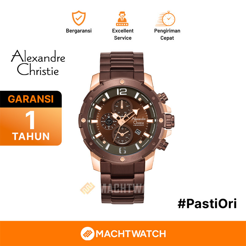 Jam Tangan Pria Alexandre Christie Chronograph AC 6410 MC BROBO Men Brown Dial Brown Stainless Steel