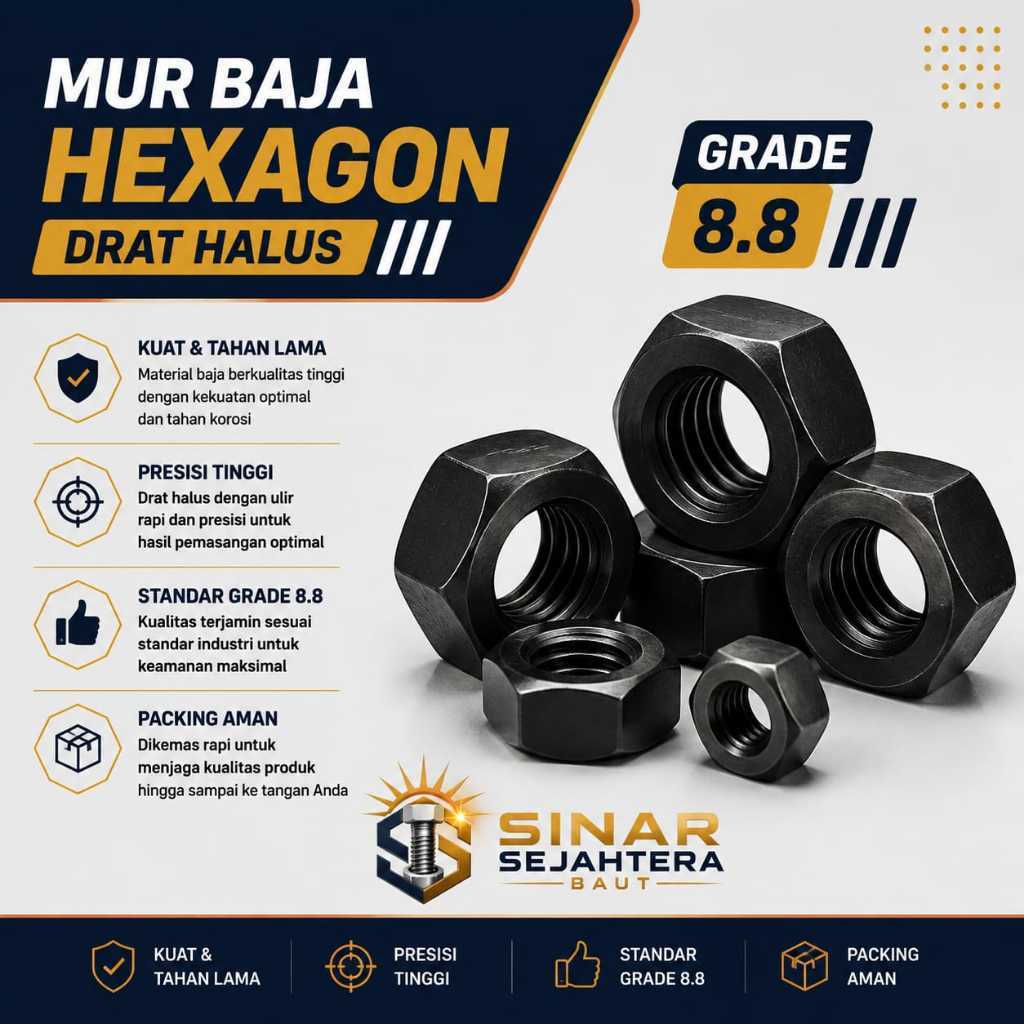 Mur Hexagon Baja Drat Halus M16 Drat 1.5 / Mur Hex M16 / Mur Hexagon M16 / Mur M16 / Hex Nut M16 Gra
