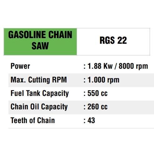 Ryu Gasoline Chain Saw 22" , Rgs 22