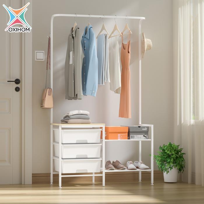 Oxihom Lemari Pakaian Gantungan Baju Full Drawer Pakaian Lemari Baju Gantung 3 Laci Susun Besi Kayu