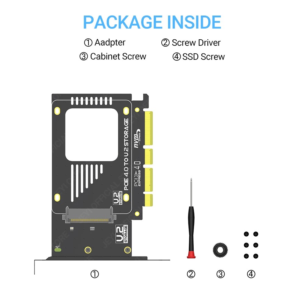 JEYI U.2 to PCIe 4.0 Adapter, NVMe 2.5" U.2 (SFF-8639) SSD PCIe x4 x8 x16 Expansion Card - U.2 SSD -
