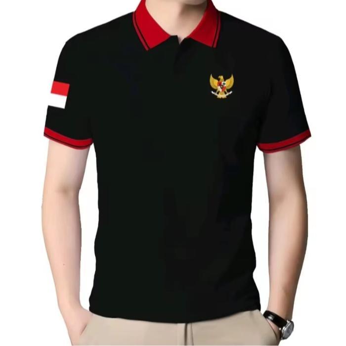 Berkerah Kombinasi Lengan Kaos Polo Lengan Pendek Kombinasi Logo Garuda dan Bendera Merah Putih - Hi