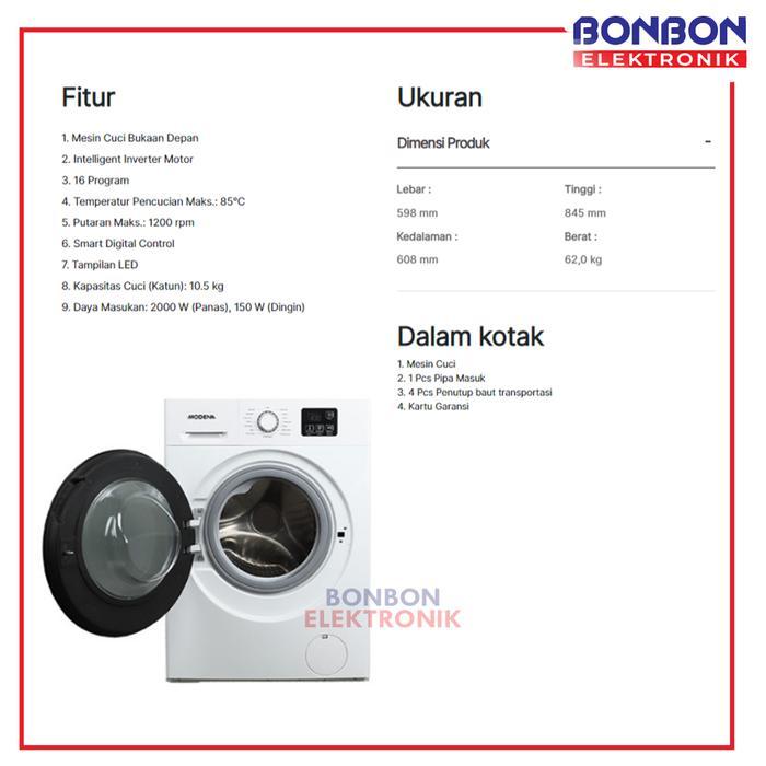 Modena Mesin Cuci Front Loading 10.5 kg WF 1030 VDWH / WF1030VDWH