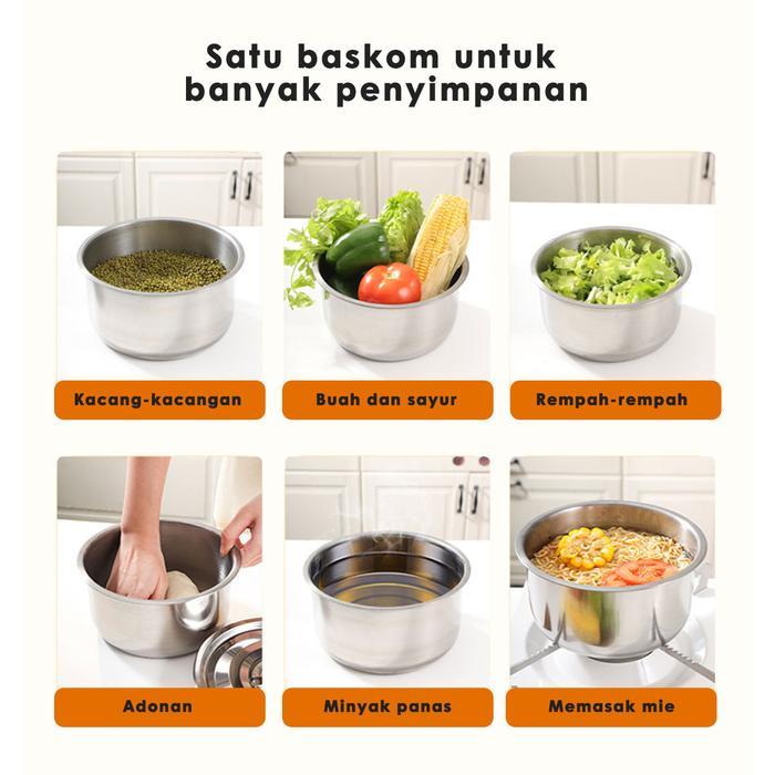 Baskom Bumbu Tebal Dengan Tutup Baskom Stainless Steel Mangkuk Bulat Baskom Masak Panci Baskom