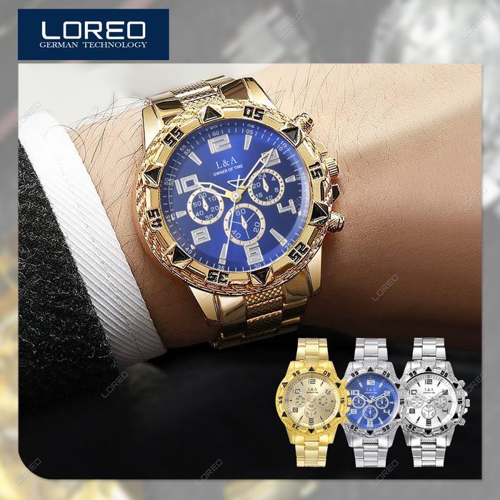 LOREO Jam Tangan Pria Mewah Desain Eropa / Jam Tangan Cowok Chronograph
