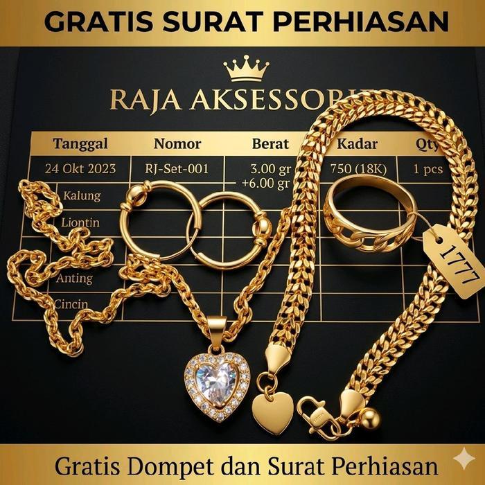 1 Set Perhiasan Lengkap Motif Batu Permata Love Dengan Lapisan Emas Muda Asli Gratis Dompet Dan