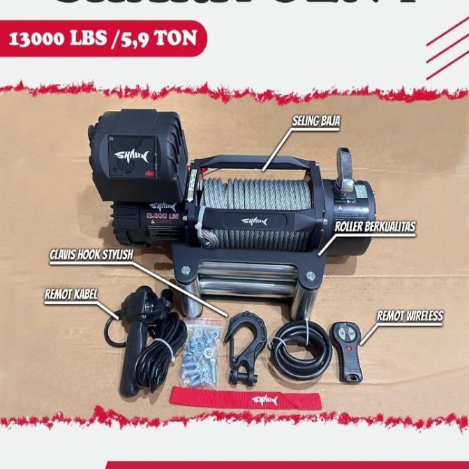 winch shark 13000Lbs kapasitas 6Ton Tali Seling Baja 12Volt