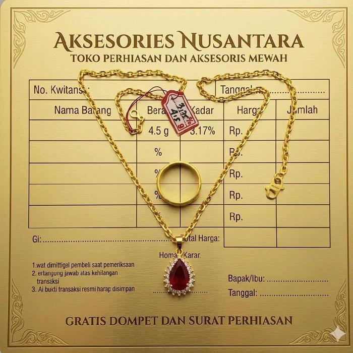 Kalung Permata Merah Lapisan Emas Muda Gratis Cincin Polos Dan Dompet Perhiasan