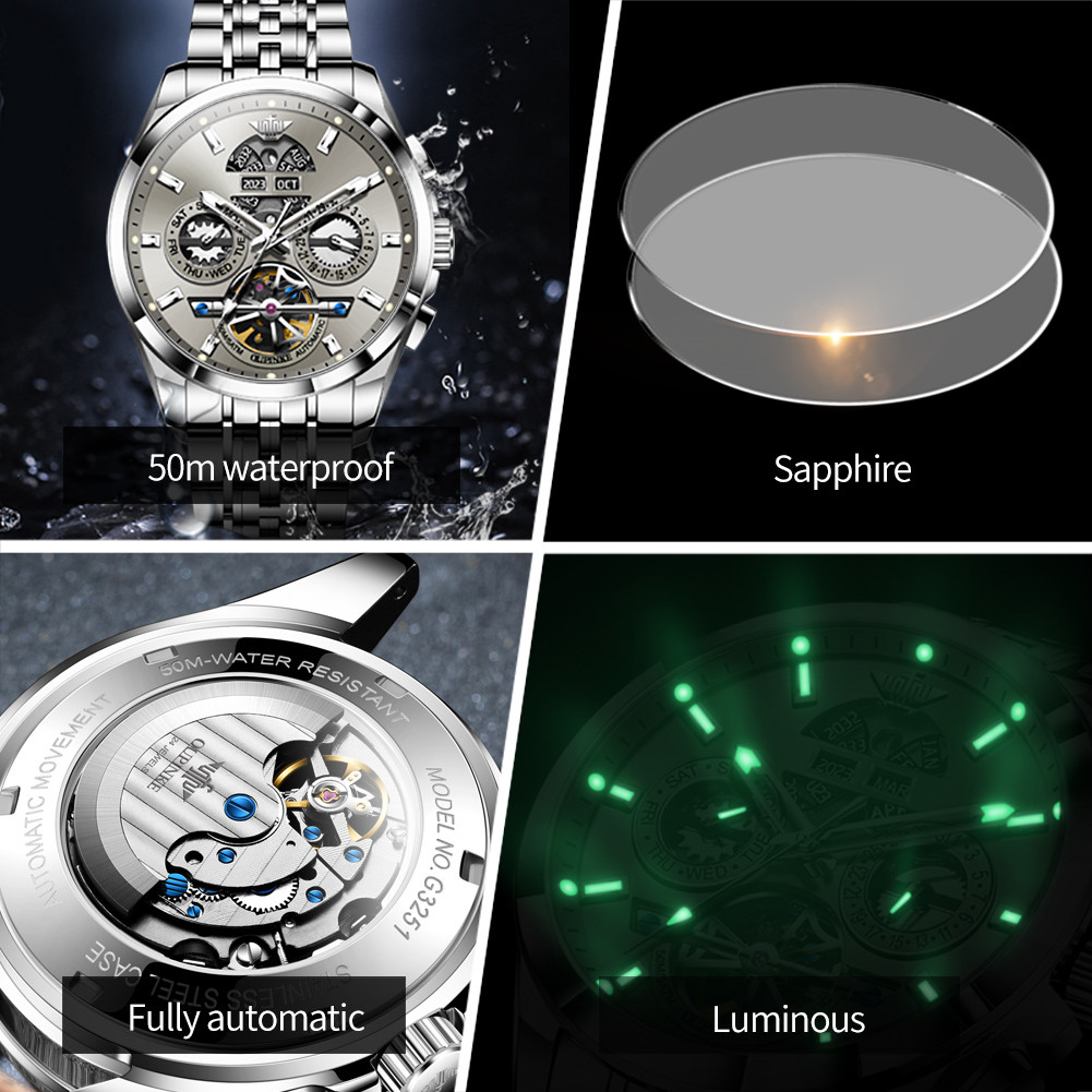 OUPINKE 3251 Luxury Brand Men Automatic Mechanical Watch High end Flywheel HD Sapphire Mirror