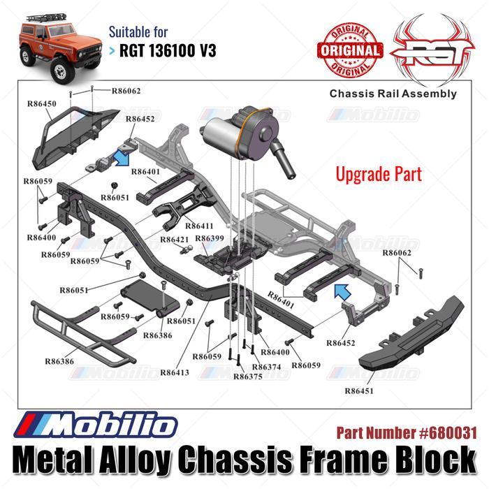 Rgt Part #680031 Metal Alloy Chassis Frame Block Upgrade Rc 136100 V3 Crawler Adventure