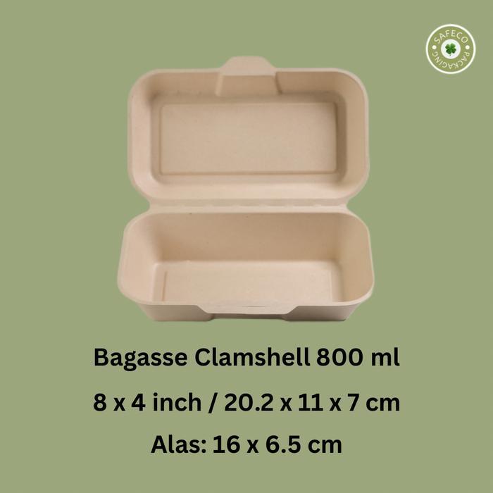 Bagasse Clamshell Food Lunch Box 800 ml / 8 x 4 inch Packaging Kemasan Makanan Eco Friendly