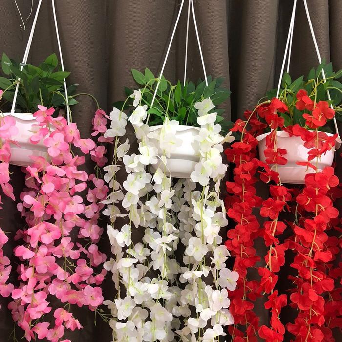 SAKURA juntai vas GANTUNG Bunga Plastik dan Pot