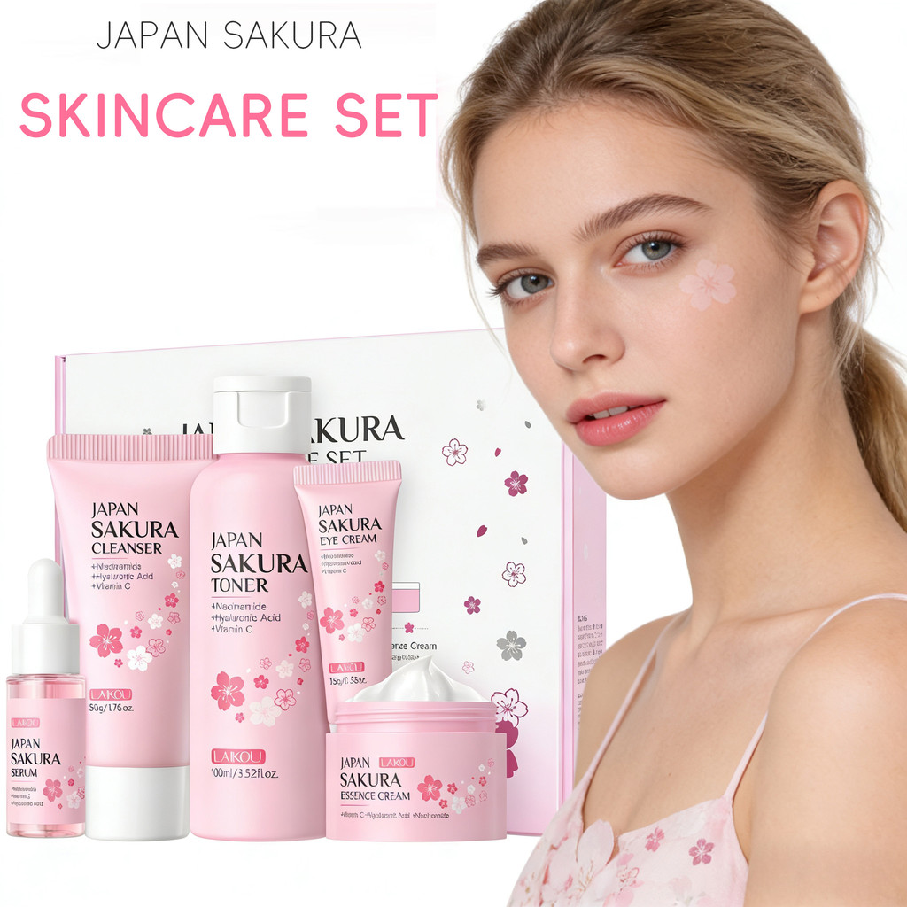 LAIKOU Sakura 5pcs Skin Care Kit Cleanser Toner Serum Eye Cream Essence Cream Moisturizing Beauty