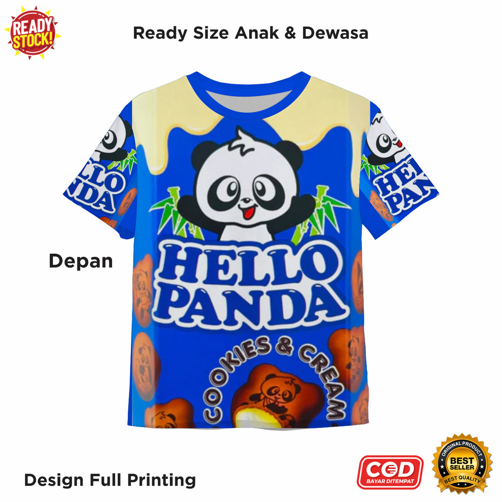 Kaos Fullprint Motif Hello Panda Rasa Cookies & Cream Jajanan Cemilan - Baju AOP Hello Panda Lucu Ke
