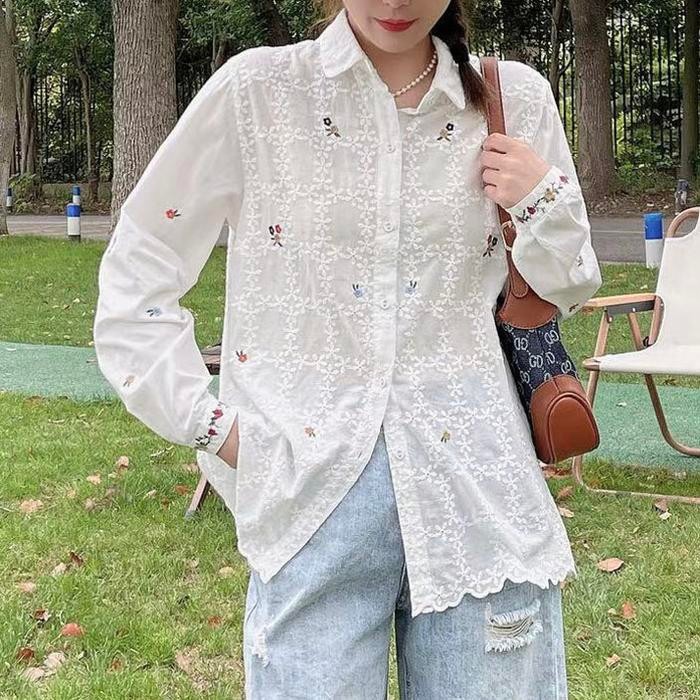 Blus Kemeja Katun Putih Brukat Putih Bordir Bunga Warna Warni Lengan Panjang Korea Import