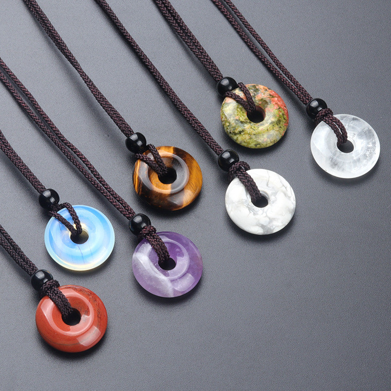 20mm Circle Donut Healing Crystals Necklace Natural Chakra Gemstone Stone Amulet Lucky Coin Donuts