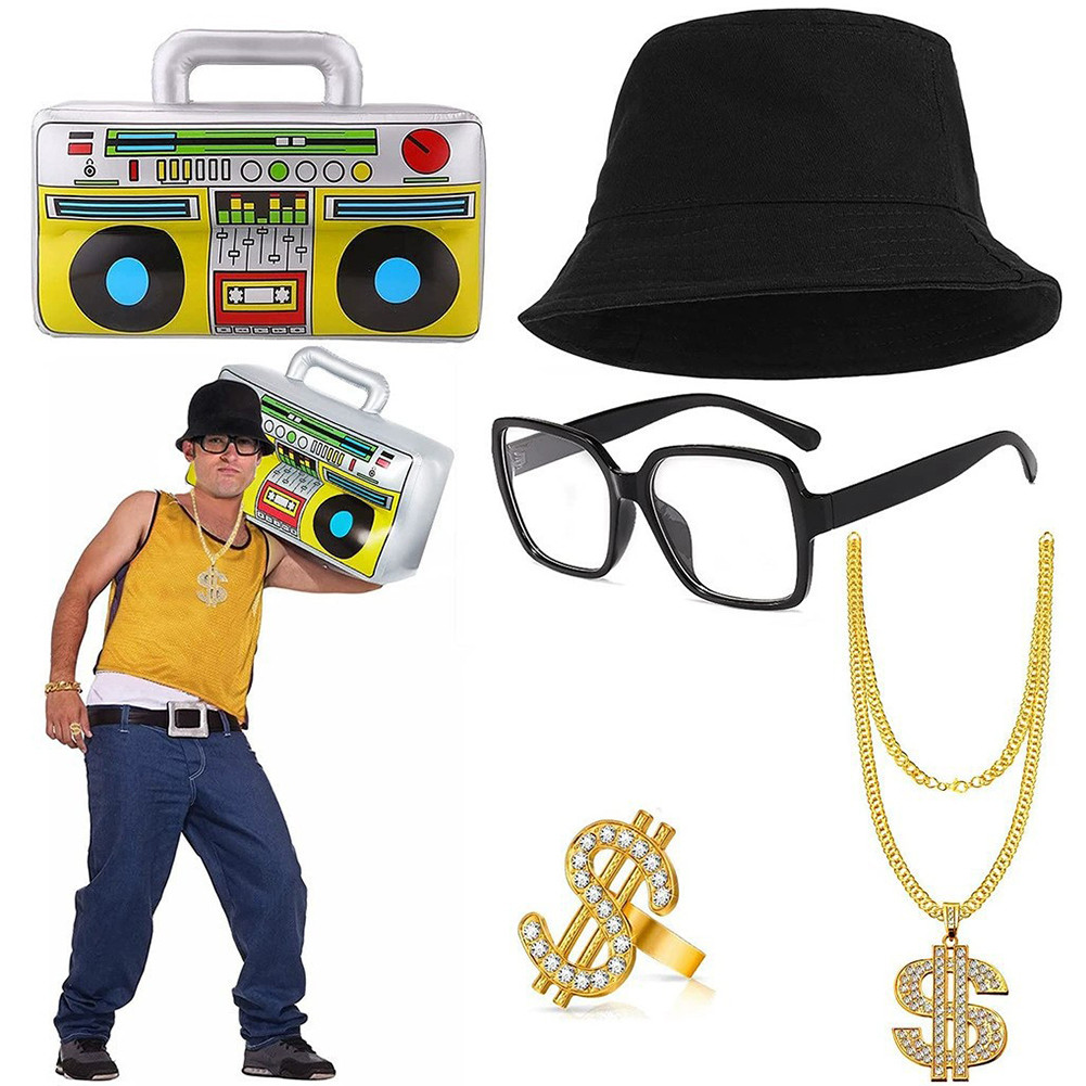 80s 90s Costume Outfit Set Dollar Ring Hat Necklace Sunglasses Hip Hop Costume Kit Rapper