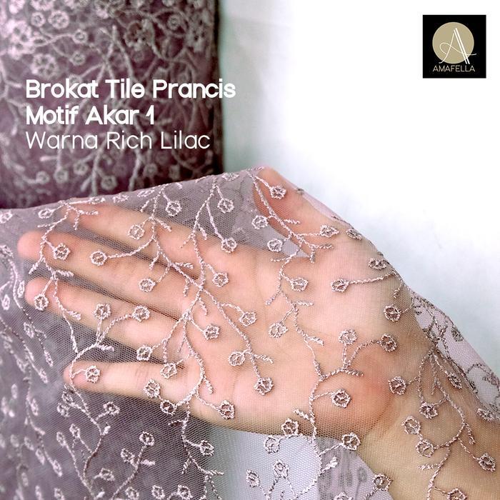 1/2 meter Kain Brokat Brukat Tile Prancis Bahan Kebaya Motif Akar Ungu