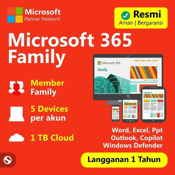 Office 365 Family Original 1 User 5 Device 1 Tahun 1TB Cloud Onedrive Pakai Akun Pribadi Anda