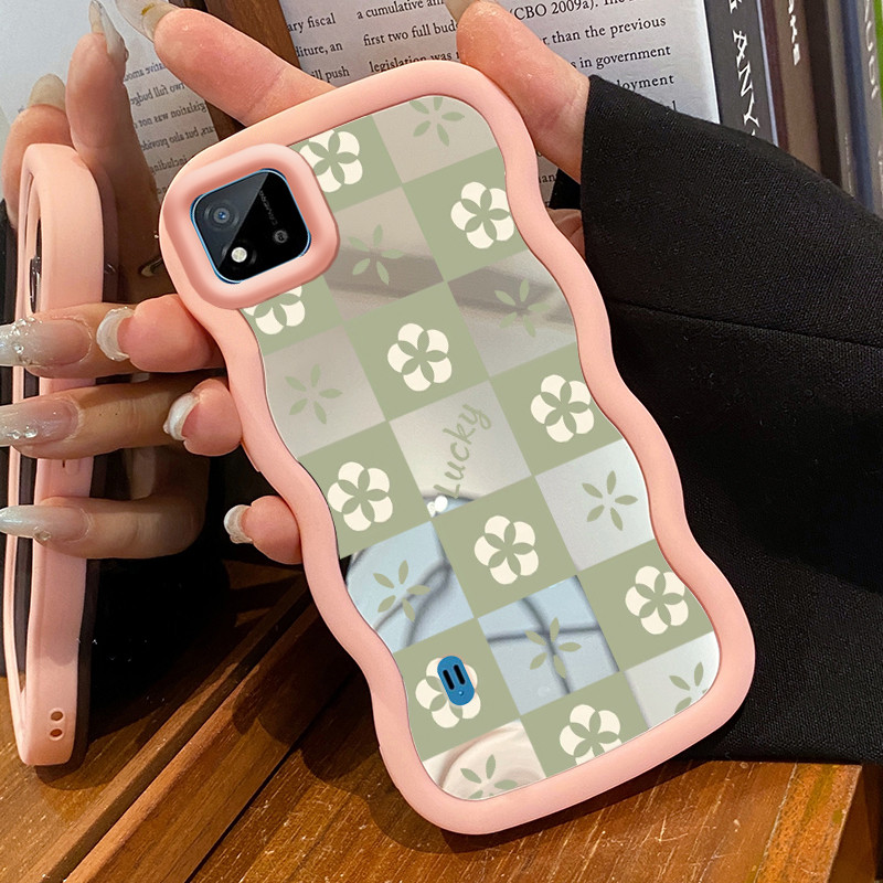 Casing Untuk Realme C20 C20A C11 2021 Case Bunga Papan Catur Hijau Cermin Kasing silikon Wavy Edge C
