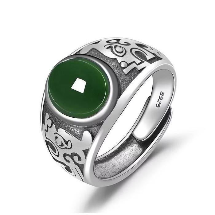 C07 Cincin batu asli giok hijau titanium cewek cowok