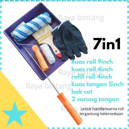 Paket bak 7 in 1 kuas roll 9inch kuas 5inch refill sarung tangan rajut 3 benang peralatan mengecat