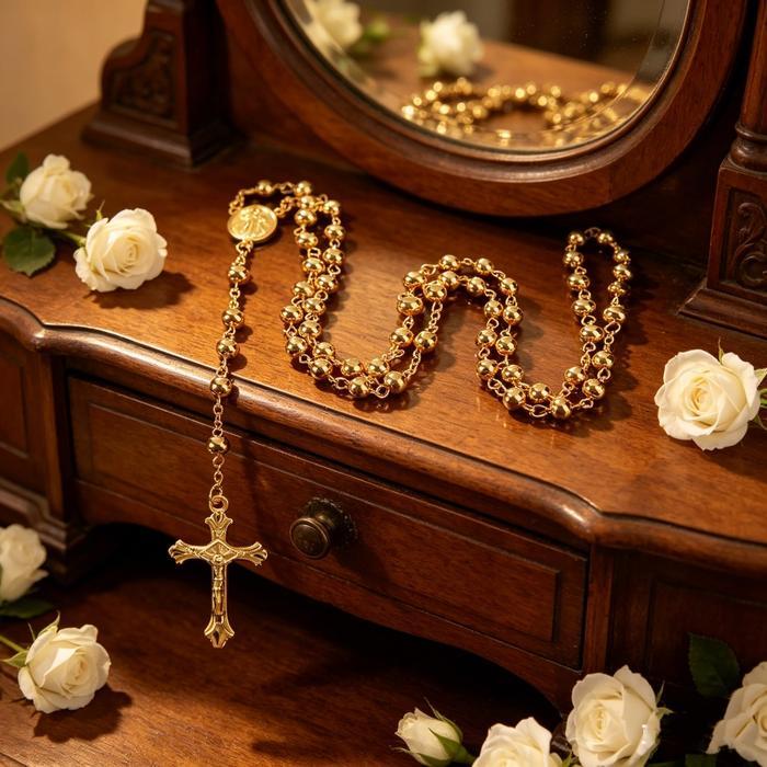 Terbaru Rosario Titanium Gold Silver Kalung Salib Kalung Perhiasan Titanium Rosario Silver & Gold