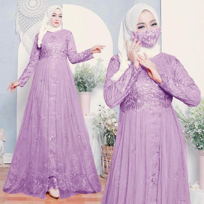 k468 Vannamille Id Gamis Yumna Full Brukat Tile Mewah Free Masker Maxi Dress Pesta Brokat