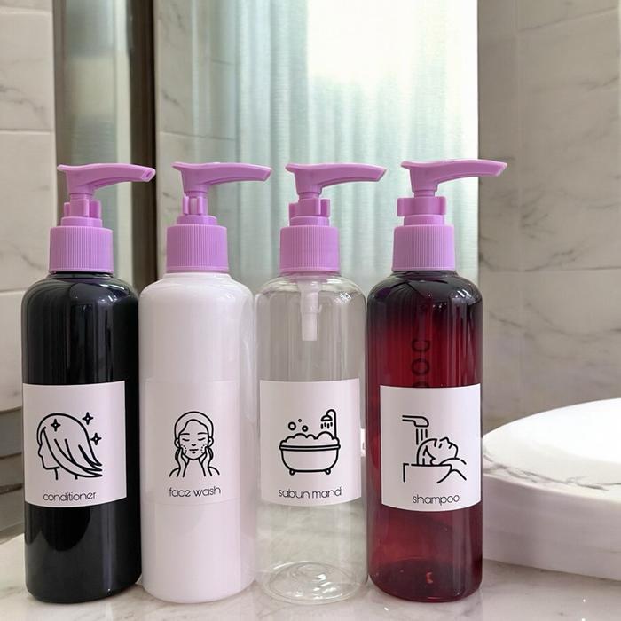 ID BOTOL SABUN CAIR AESTHETIC 250ML STIKER GAMBAR KECIL PUMP LILAC UNGU TEMPAT SABUN CAIR ISI ULANG