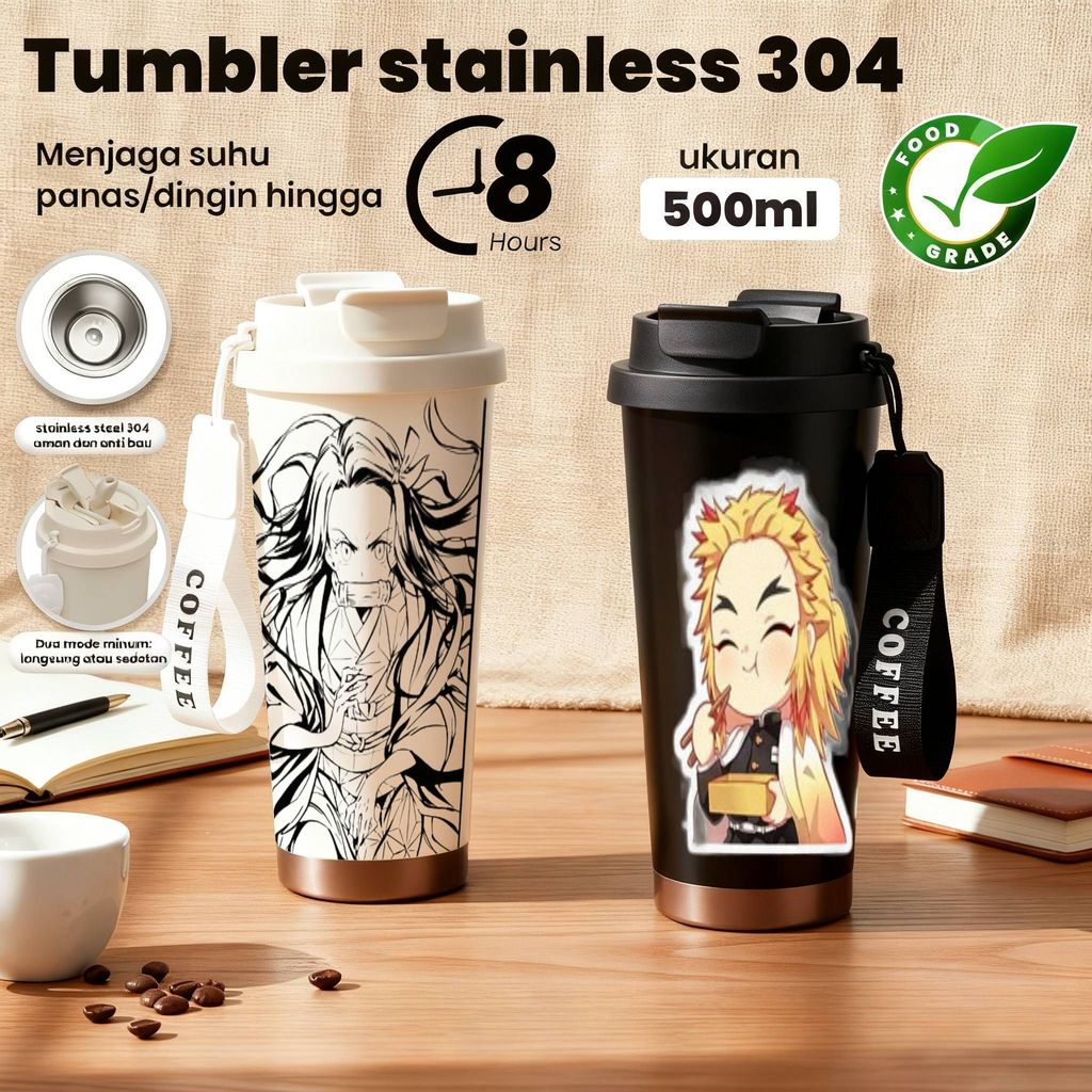 Tumbler Stainless 304 Grade Food Grade 500ml Menjaga Suhu 8 Jam Anime Karakter Design Botol Minum Ae