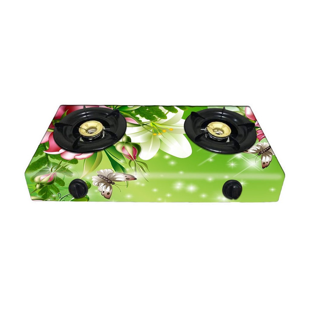 Sticker Kompor 2 Tungku Waterproof Motif Bunga Hijau Pink075 - L2B