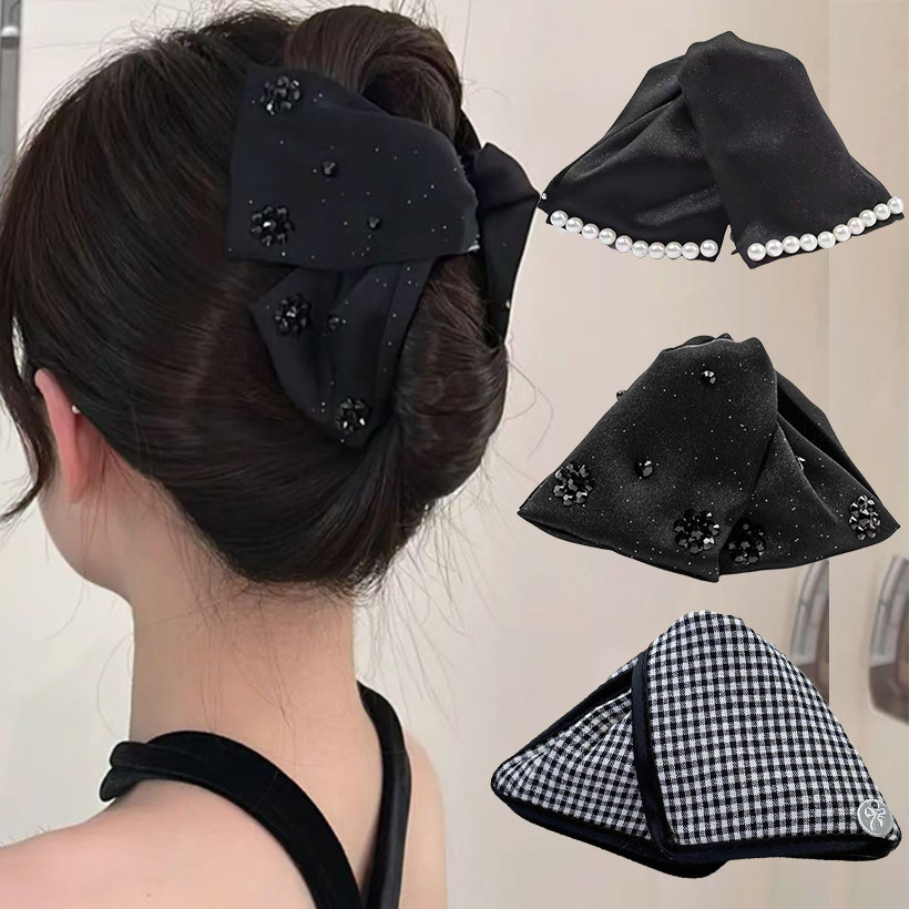 Large Rhinestones Bow Hair Claw Crab Elegant Pearls Hairpins Women Girls Sweet Hair Ornament Hair