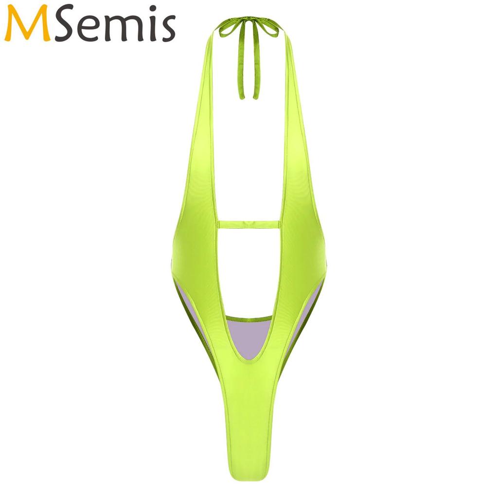 Womens Satin Mankini Swimwear Pool Party Swimsuit Halter Plunging V Neck Backless Sling Shot