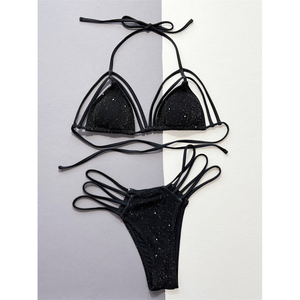 Shiny Tinsel Micro String Bikini Black Y2K Sequin Swimsuit Push Up Vacation Swimwears Women Triangle