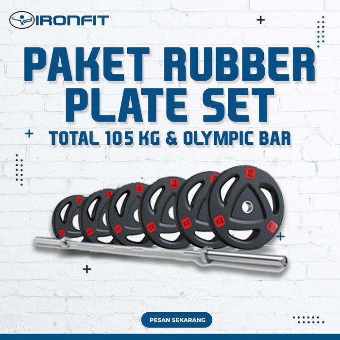 PAKET RUBBER PLATES TOTAL 105KG dan OLYMPIC BAR