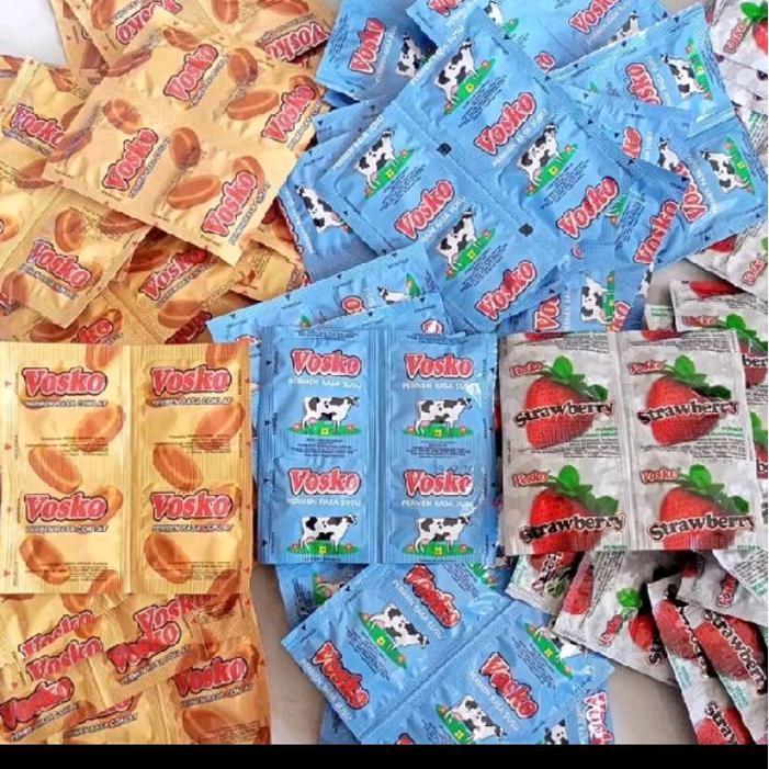 BERMUTU Vosko PERMEN VOSKO JADUL RASA SUSU COKLAT STRAWBERRY JERUK 1 PACK ISI 20 LEMBAR PERMEN