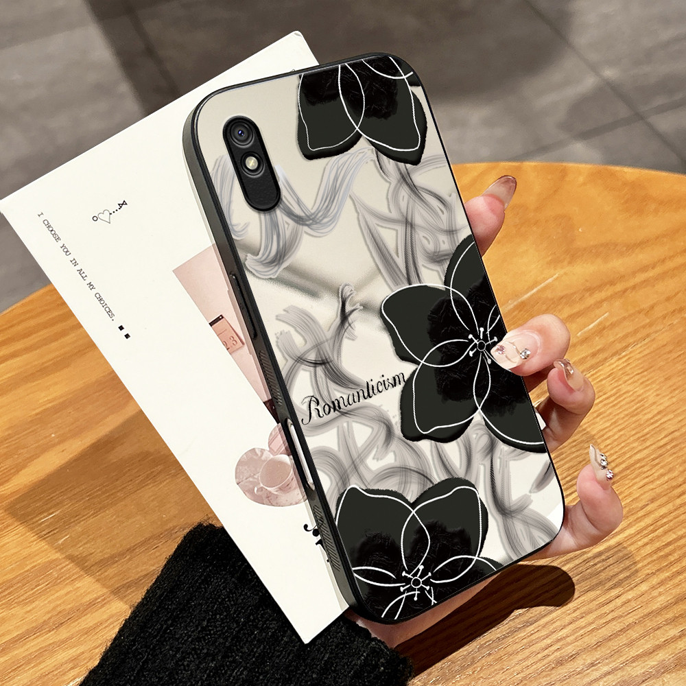 Casing Hp Untuk Xiaomi Redmi 9A Minimalist Aesthetic Black White Ink Flower Phone Case Mirror Surfac