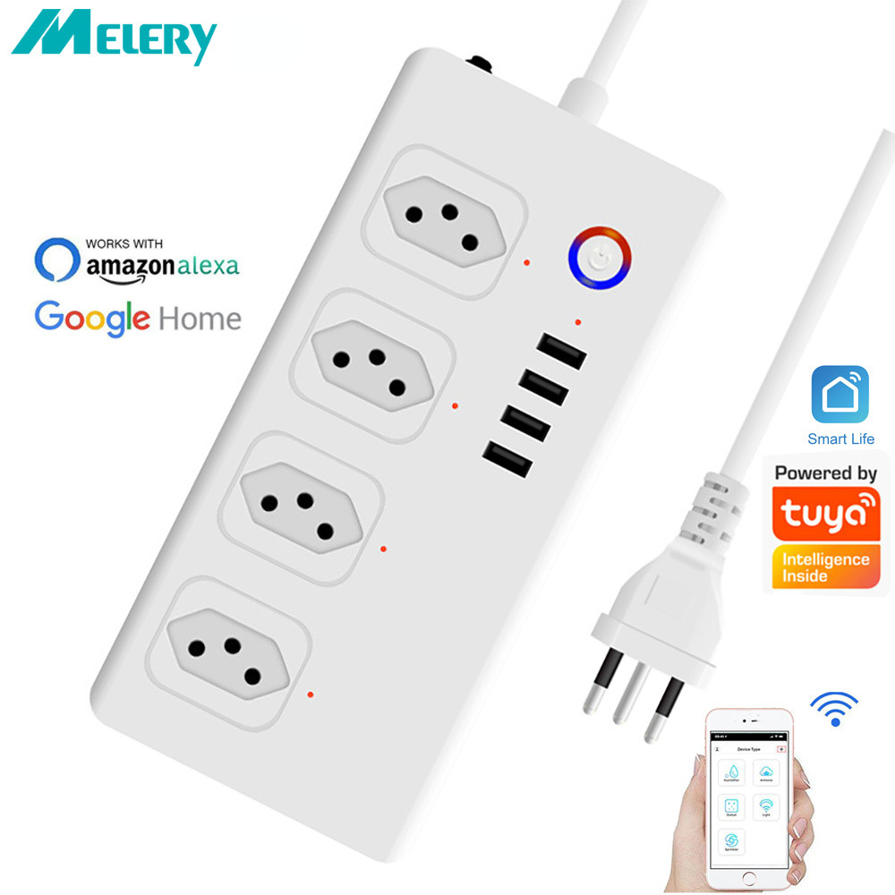 Melery WiFi Smart Power Strip 4 Way AC Brazil Plug Outlet USB Socket